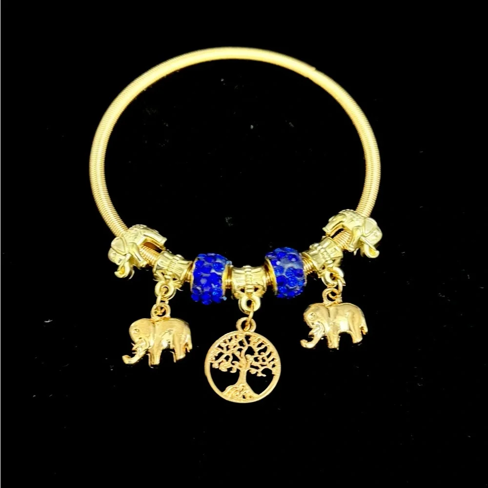 Gold Charm Bangle Bracelet Elephant Tree of Life Blue Rhinestone Beads - Picture 5 of 6